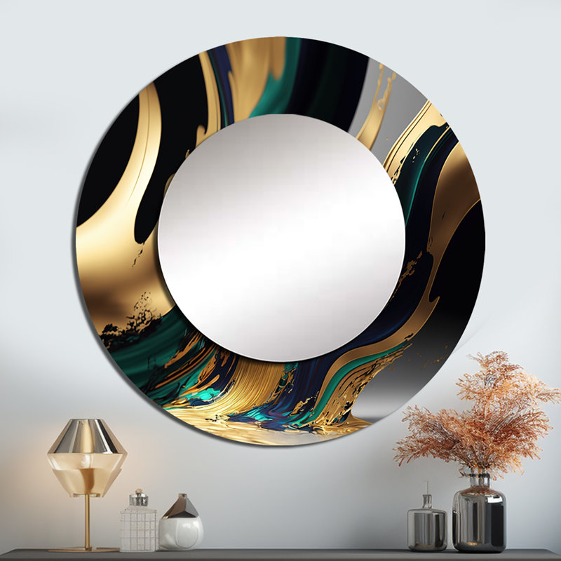 Osyth Green And Gold Agate II - Transitional Decorative Mirror, Green Round Wall Mirror, Printed Metal Art, 29" x 29"