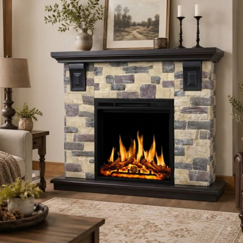 50.6" W Faux Stone Electric Fireplace TV Stand with Remote and Adjustable Flames for TVs up to 60"