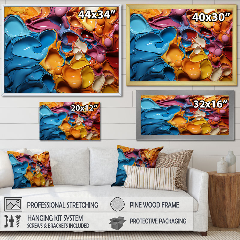 Décoration murale symphonique orange et bleue I - Collages abstraits, décoration murale, Cadre simple noir
