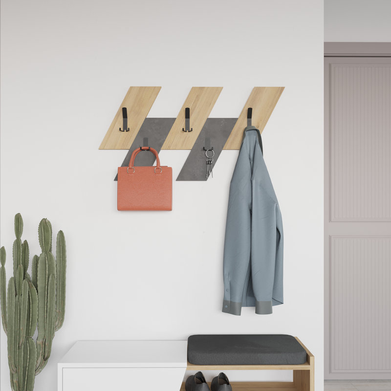 Ylve 5-Hook Wall Mounted Coat Rack with Hanger Storage, Sapphire Oak/Retro Grey