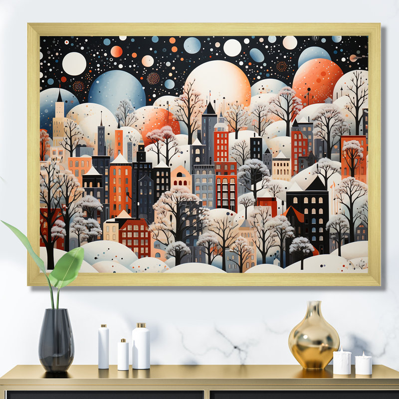 «Orange Bubble Winter Village Art Deco», art mural ville art déco, Cadre doré à coins fermés, H 12 po x l 20 po x P 1 po