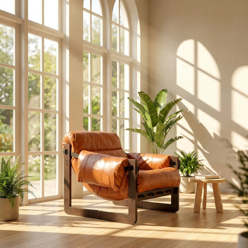 Xingzhou 33.46" W x 27.56" D x 29.52" H Rubberwood Oil Waxed Leather Lounge Chair, Orange