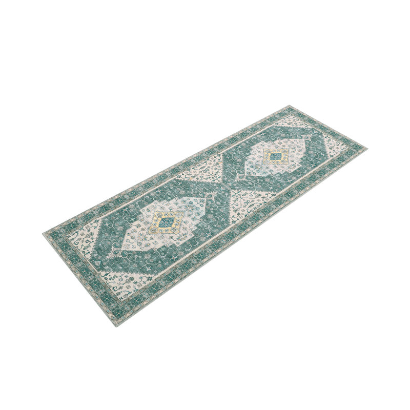 2'x6' Vintage Medallion Washable Rug, Non-Slip Low Pile Foldable Floor Mat for Hallway, Green, Runner 2' x 6'