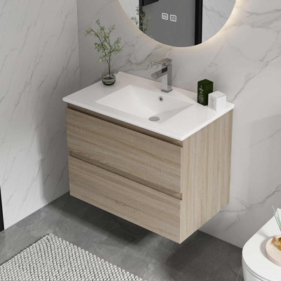 Meuble-lavabo mural avec lavabo en céramique, armoire avec 2 tiroirs à fermeture en douceur