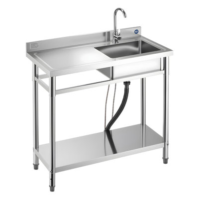 Évier utilitaire en acier inoxydable, évier de cuisine à cuve simple autoportant avec robinet, 39,4 x 19,7 x 37 po, lavabo gauche avec tuyau d'eau chaude et froide pour le garage, le restaurant, la buanderie