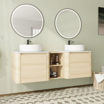 Meuble-lavabo double 60 po avec dessus en pierre reconstituée et portes à fermeture en douceur 60 po