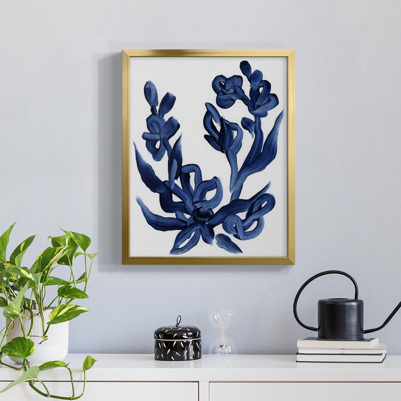 Indigo Brush Blooms I - Toile encadrée de qualité supérieure - prête à être accrochée