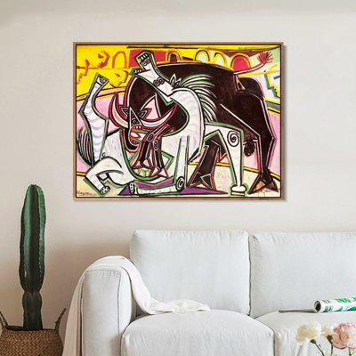 Framed Canvas Giclee Print Art 1934 Courses de taureaux (Corrida) 1 by Pablo Picasso Wall Art Living Room Home Office Decorations(Wood Color Slim Frame,24"x32")