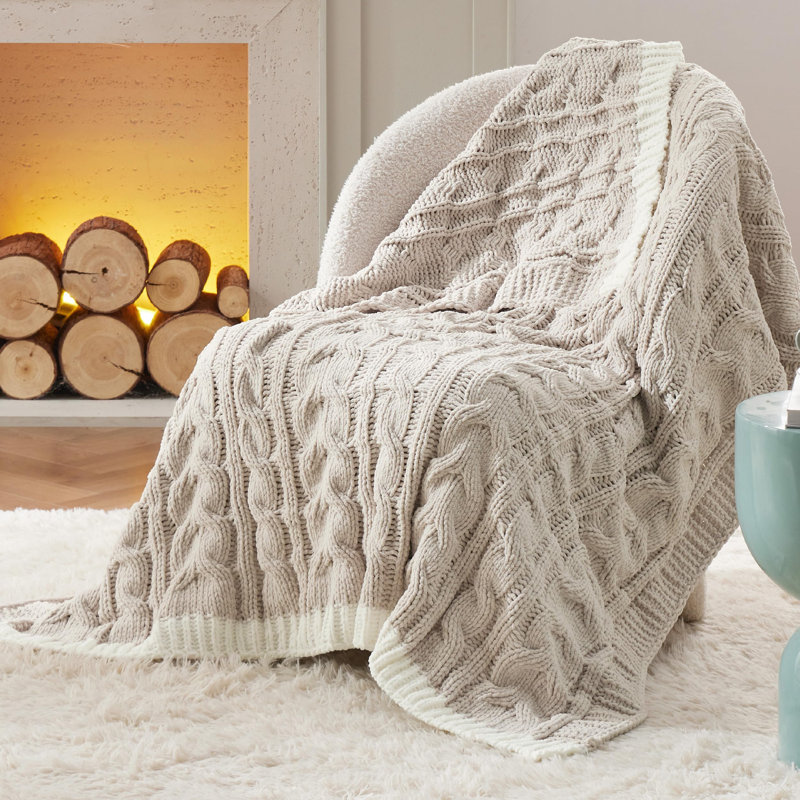 Bedsure Chenille Cable Knitted Throw Blanket For Couch GentleSoft™️, 60" W x 80" L, Beige