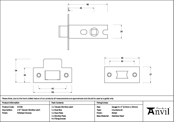 Tubular Mortice Latch, Polished Chrome