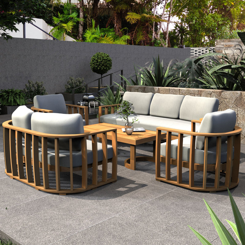 6-Piece Acacia Wood Modular Outdoor Sofa Set - 7 Seats, 2 Tables, Thick Removable Cushions