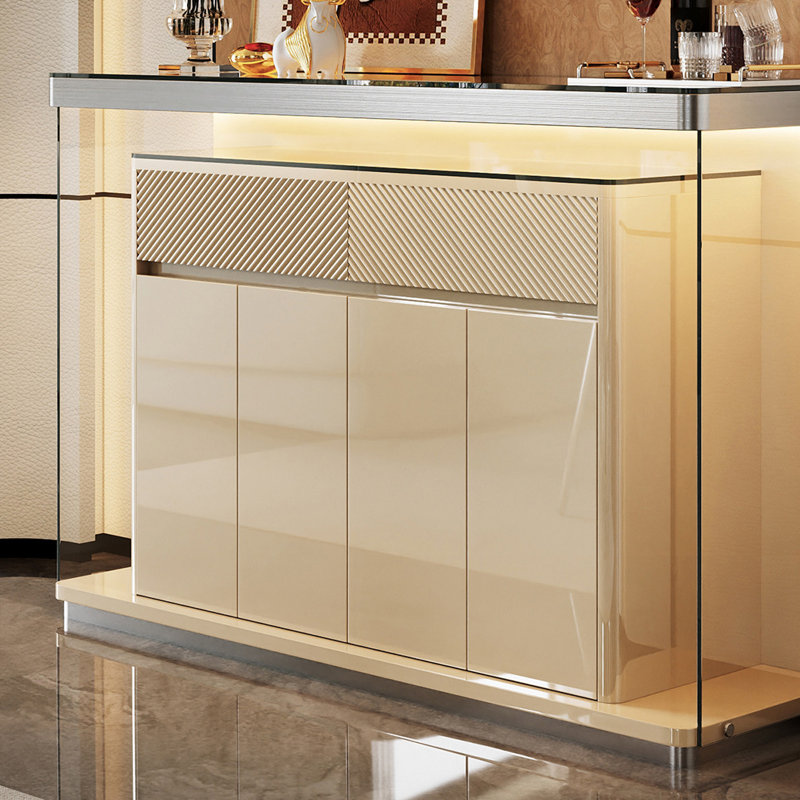 Buffet de luxe de style crème, plateau en verre trempé, armoire de vestibule à lumière DEL, armoire de rangement en bois massif multicouche