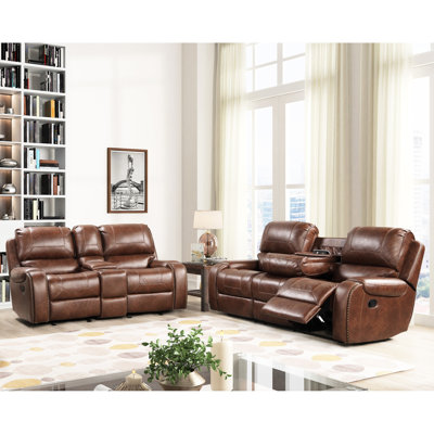 Rich Brown Faux Leather Reclining And With Storage Console, Port Pillow Top Arms Traditional Style Nailhead Console Box