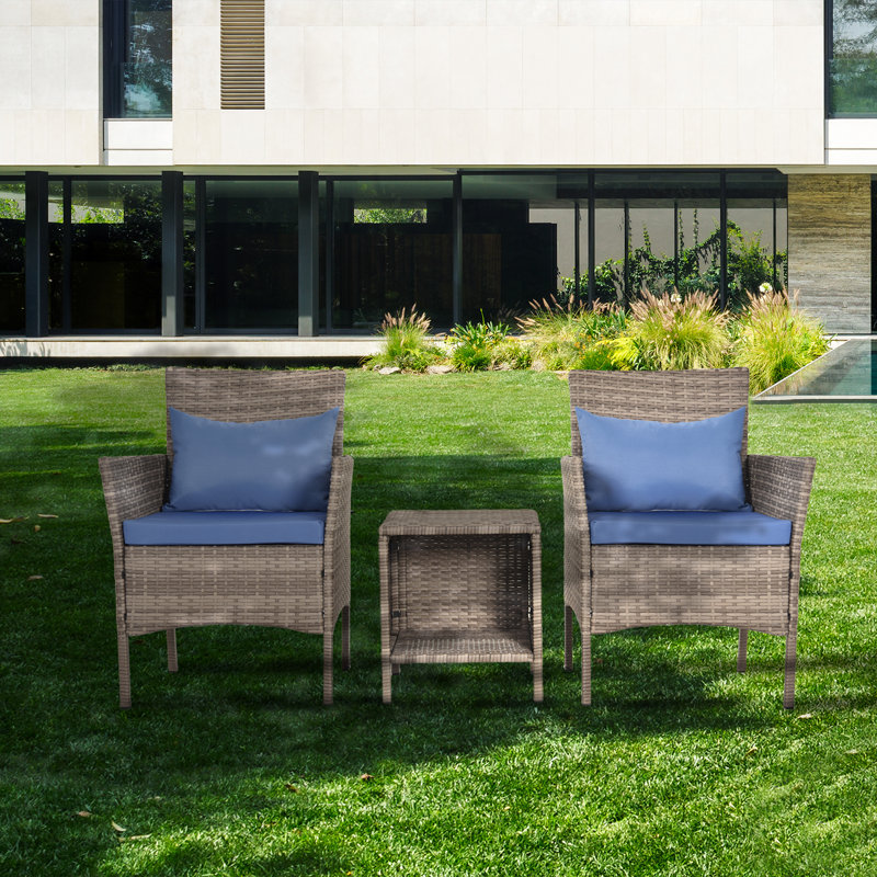 Aanand Wicker 2 - Person Patio Conversation Set with Cushions, Blue, Gray