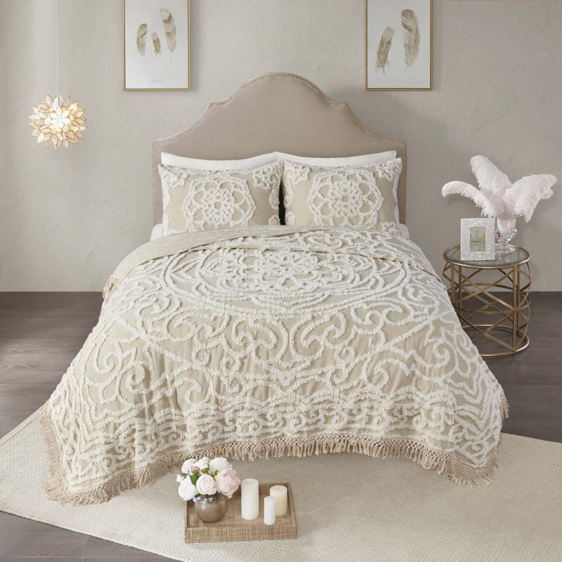 Tufted Cotton Chenille Medallion Fringe Coverlet Mini Set Taupe Full