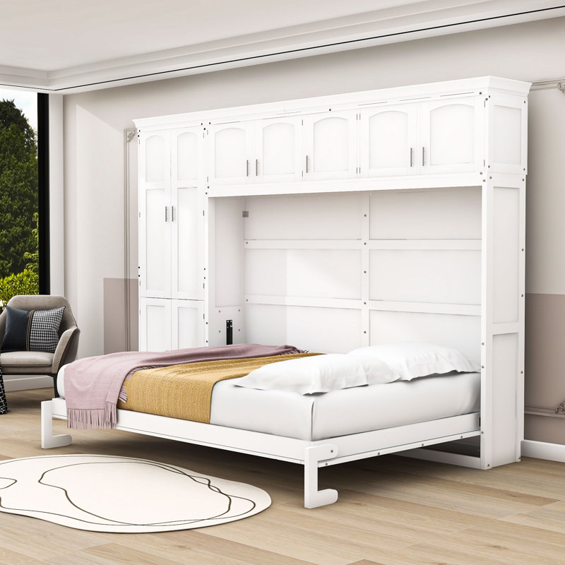 Grand lit escamotable avec armoires et tablettes, Blanc