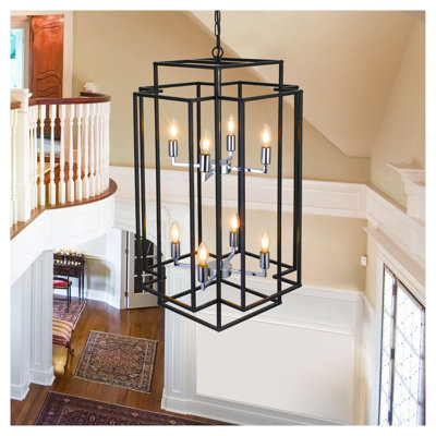 Modern Farmhouse Foyer Chandelier - Adjustable Height Iron Pendant Light with Chrome Accents for Kitchen Island and Dining Room