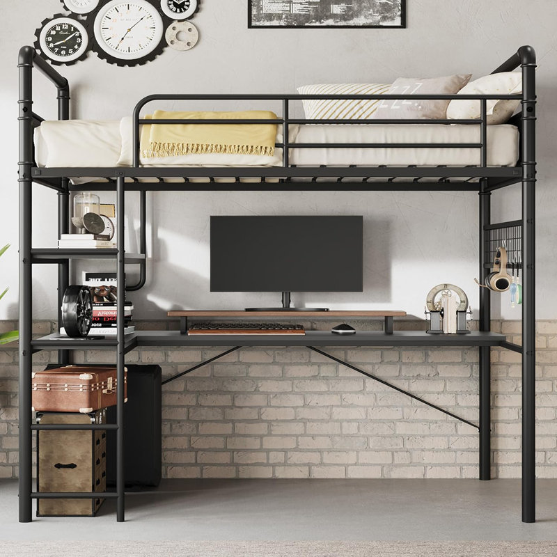 Loft Bunk Bed with L-Shaped Desk, Twin Loft Bed with Desk Underneath, Metal Bunk Beds with High Guardrail and Ladder, Easy Assembly, Vintage Black