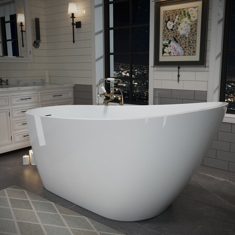 Baignoire autoportante en acrylique 152,4 cm x 75 cm, baignoire profonde avec bonde chromé à clapet et trop-plein intégré pour salle de bain spa, blanc brillant