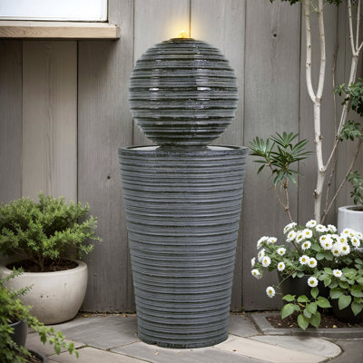 31.5"H Tall Striped Concrete Column Fountain-LED Light,Shadow Ambiance Maker For Modern Outdoor Spaces