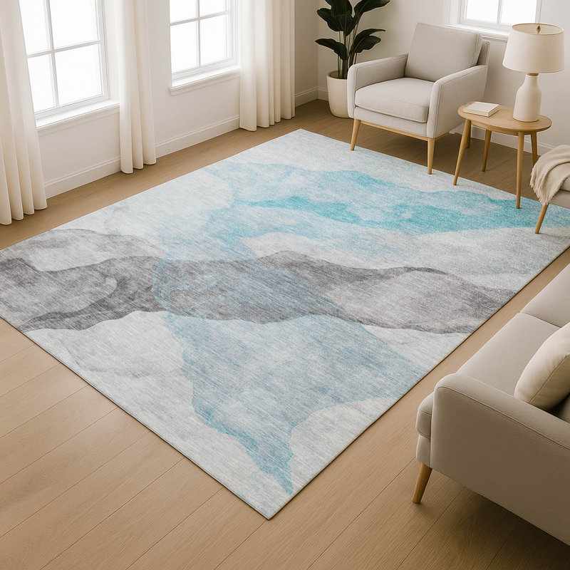 Premium Machine Washable Mayfield AMF2109 Abstract Rug, Teal, 3' x 5'
