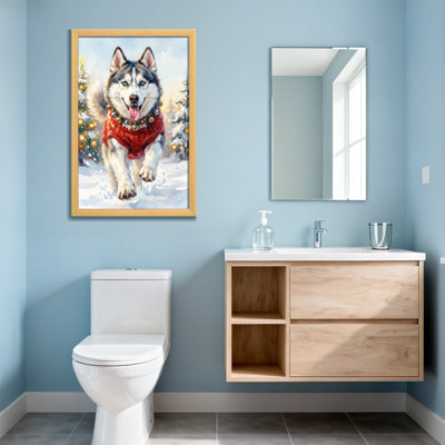 Animals Husky In Red Sweater Winter Scene