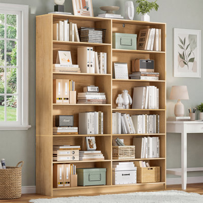 70.8" H 6 Tier Double Wide Freestanding Bookshelf Natural Bookcase with Open Display Storage for Bedroom Living Room Home