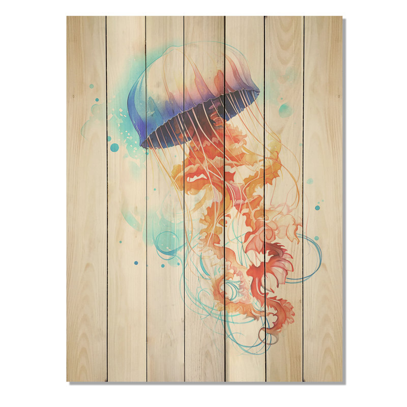 Méduse orange et bleue Jive II - méduse sur bois, H 20 po x l 10 po