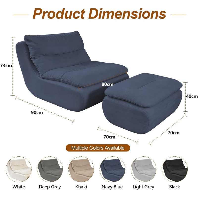 HDHNBA Large Chenille Bean Bag Chair With Matching Ottoman Ergonomic Indoor Relaxation Furniture, Navy Blue