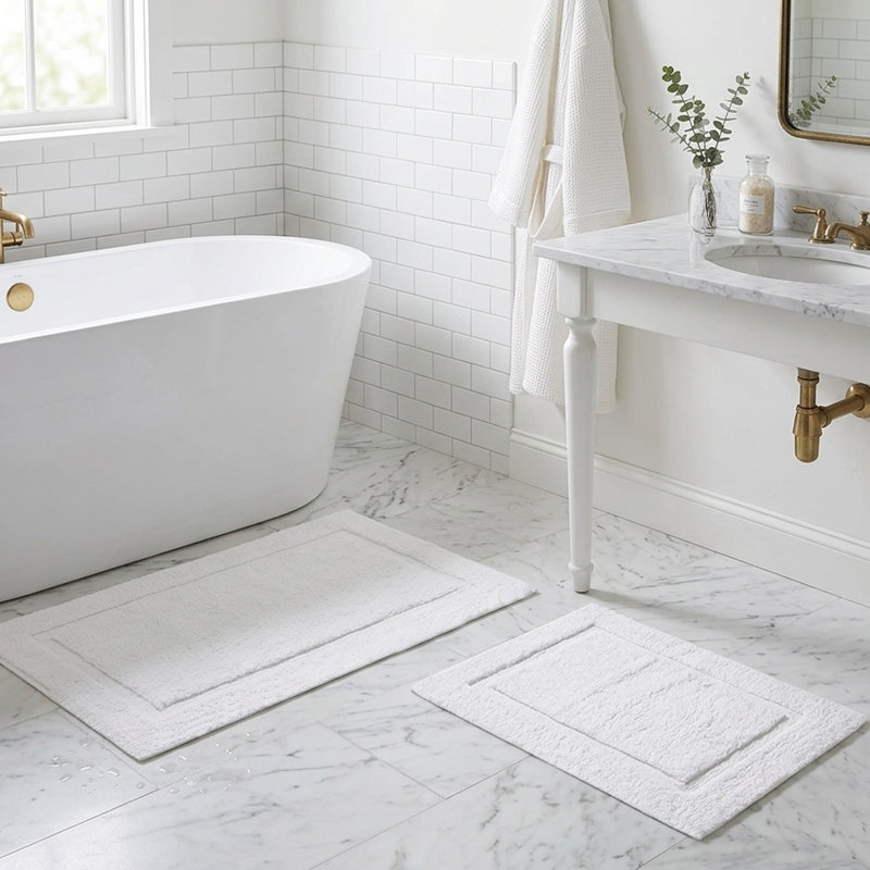 Set of 2 Solid White Bath Mats, 20*32 & 17x24, White