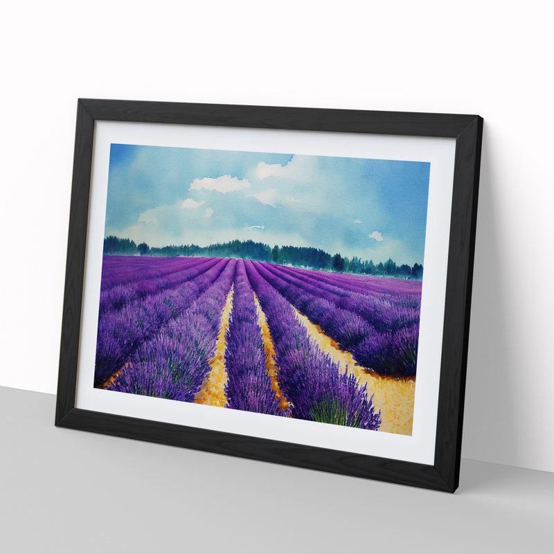 Lavender Field Watercolour - Single Picture Frame Painting, 46cm H x 64cm W x 2cm D, Black