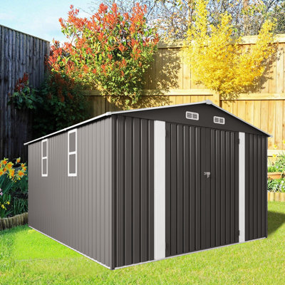 Grande remise à outils grise en métal 10 x 12 pi avec double porte et fenêtres, sécuritaire pour la neige dans le rangement extérieur près de la piscine
