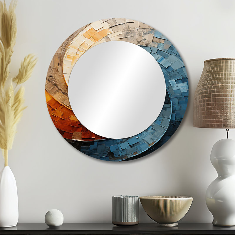Collaged Spiral - Abstract Spirals Large Mirror, Teal Round Decorative Wall Mirror, Printed Metal Art, 23" x 23"
