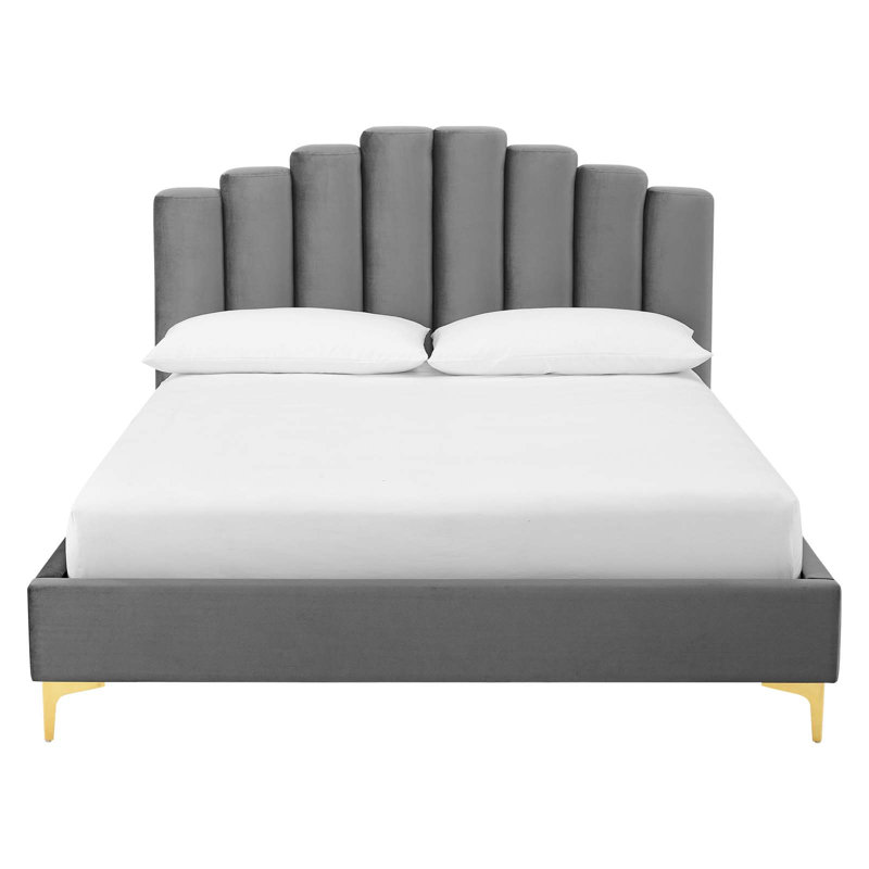 Grand lit plateforme en velours Olivia, Gris