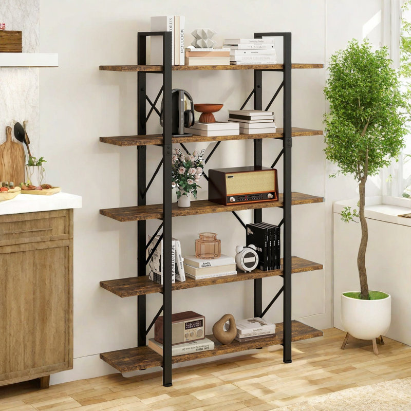 Kazys 71"H x 47"W 5-Tier Wood Vintage Industrial Etagere Bookcase, Black/Brown