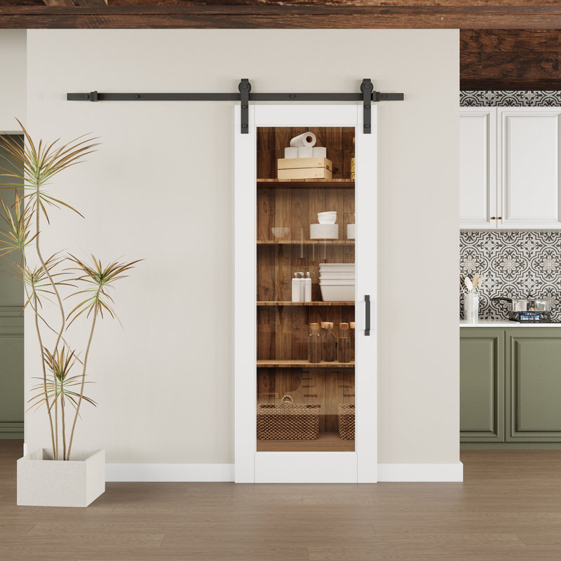 Modern White Primed And 1-Lite Clear Glass Sliding Barn Door With Installation Hardware Kit(No Assembly Required), 28" x 80"