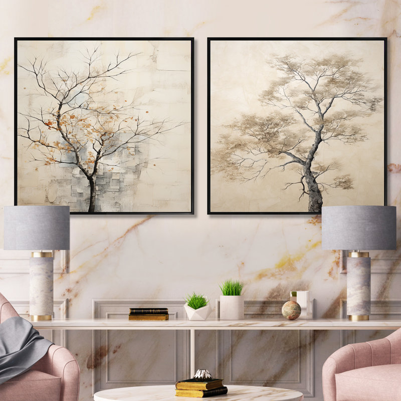 Minimalism Beige Maple Tree Melody - Tree Maple Square Collage Set Of 2, Black Floater Framed, 16" H x 33" W