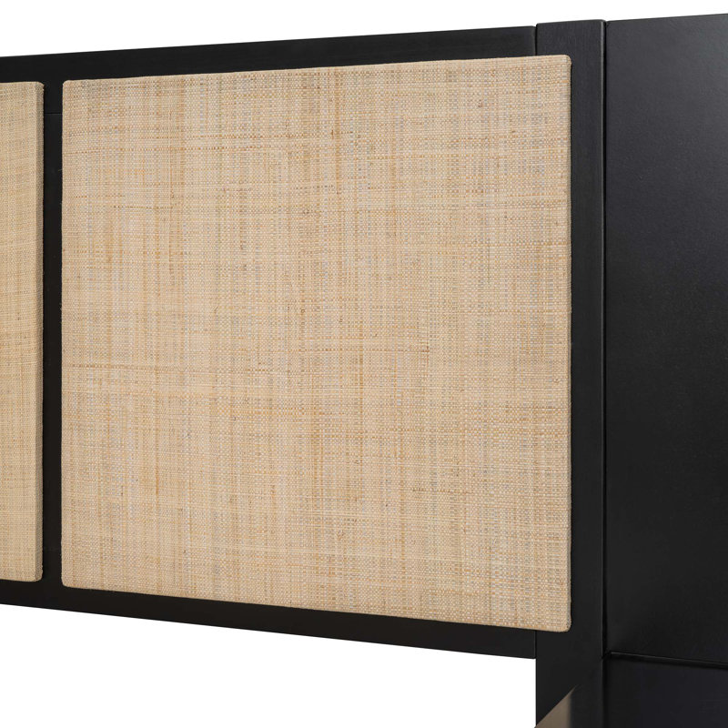 Structure de lit grand format en rotin et bois avec 2 tables de chevet et lampes, Noir