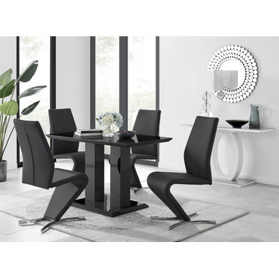 Eubanks High Gloss Double Pillar Dining Table Set with 6 Luxury Upholstered Dining Chairs