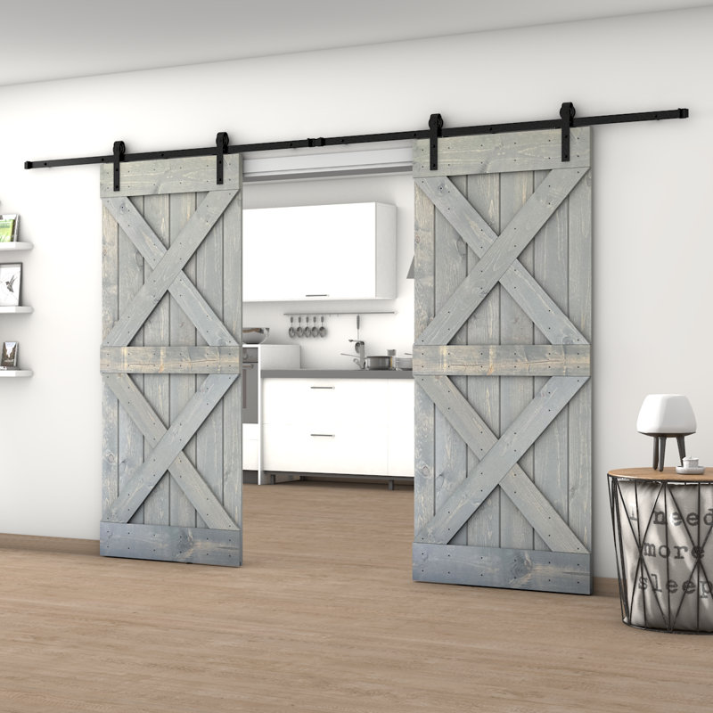 Barn Door Solid Knotty Pine Wood Painted Interior Sliding Door With Hardware Kit (DIY) BDD06, 72" W x 84" H, Grey