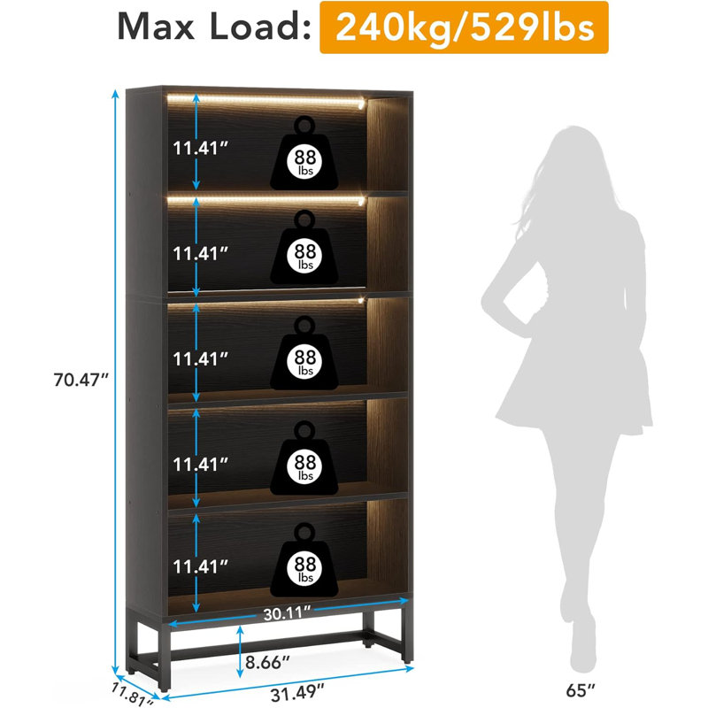 Duty Free-Standing Bookshelf Shelving Unit,White Display Case,70.8”, Black
