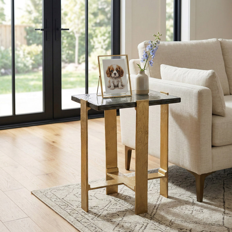 Modern Accent Side Table with Glass Top for Living Room Decor - Slim Narrow End Table with Metall Frame for Room Styling - Gold & Metallic