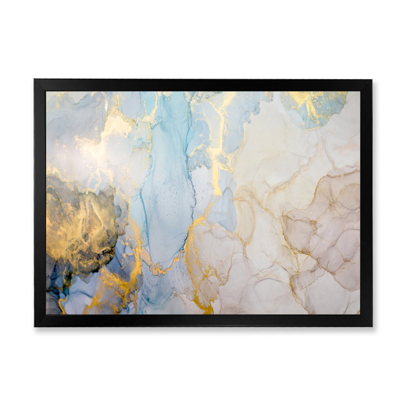 Encre liquide sur fond doré doré turquoise et gris II, 8" H x 12" W x 1" D, Cadre photo noir
