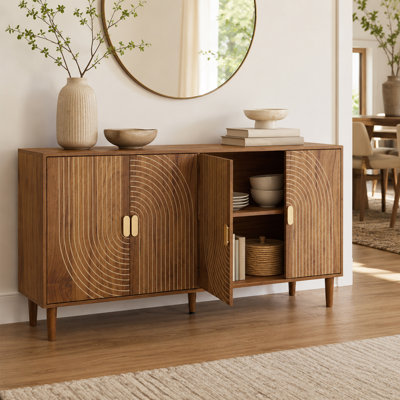 62.6 Inch Walnut Sideboard with 4 Doors and Grooved Design