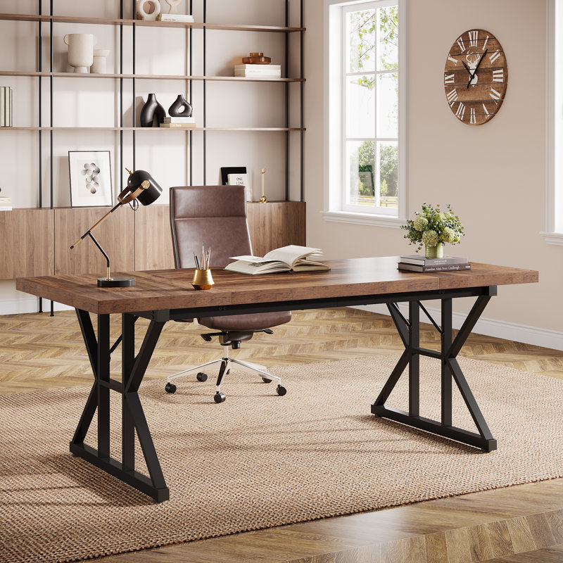 Metal Base Computer Desk, Brown/Black, 29.52" H x 70.86" W x 31.49" D