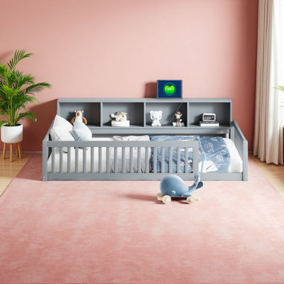 Wood Twin XL Size Floor Bed With Storage Cabinets And USB Ports by Winston Porter