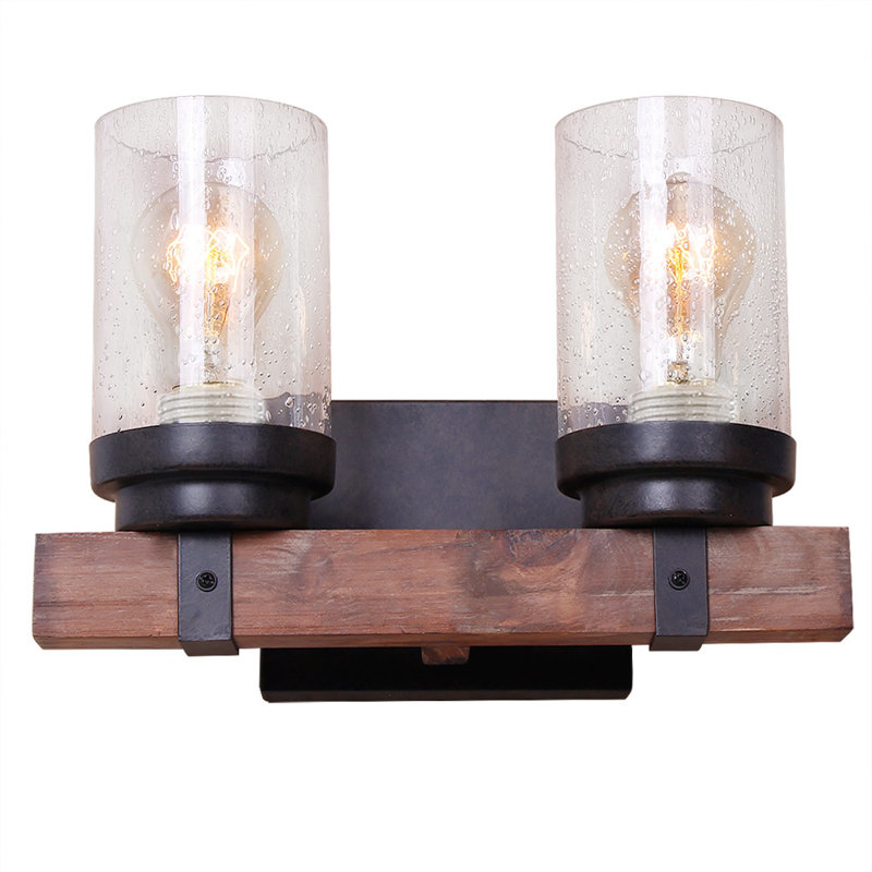 Lampe murale industrielle pour salle de bain 2 lumières en bois