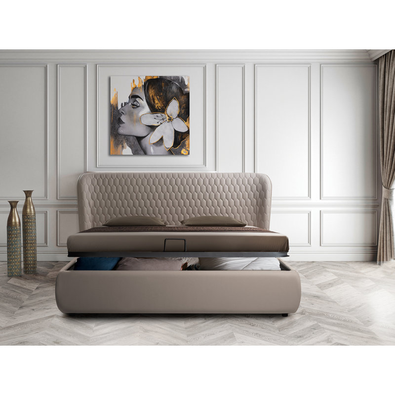 Upholstered Metal Wingback Storage Bed, Queen, White