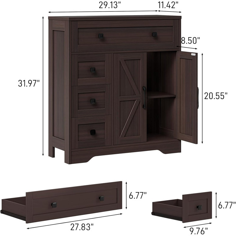 Farmhouse Storage Cabinet With 2 Doors And 4 Drawers, Freestanding Bathroom Storage Cabinet Kitchen Pantry Cabinet, Floor Storage Cabinet Hutch Cupboard For Living Room/Bathroom/Kitchen,