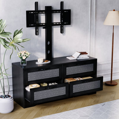 Farmhouse TV Stand with Mount for TVs Up to 70 Inch - 4 Drawer Media Console & Dresser with Rattan Doors - Wooden Storage Cabinet for Bedroom or Living Room - Black